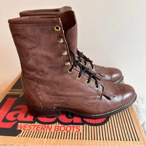 VTG Laredo Western Cowgirl Lace Up Boots Genuine Deer Women’s Size 7 With Box - Picture 5 of 9